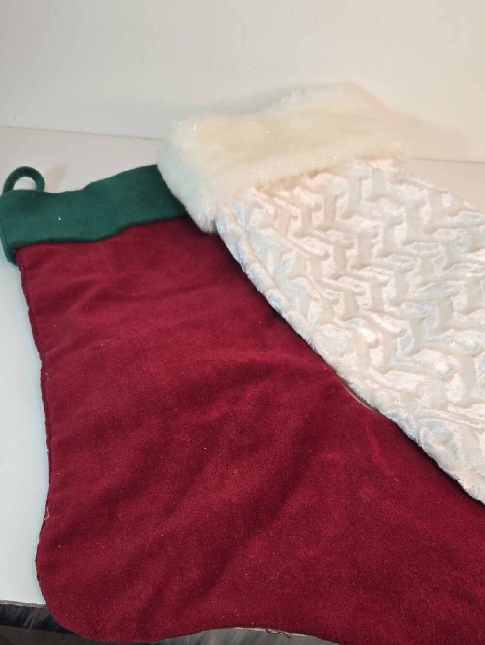 Christmas Stockings Set Glam Burgundy Green Beaded & White Fuzzy Sparkly Large - Picture 10 of 12